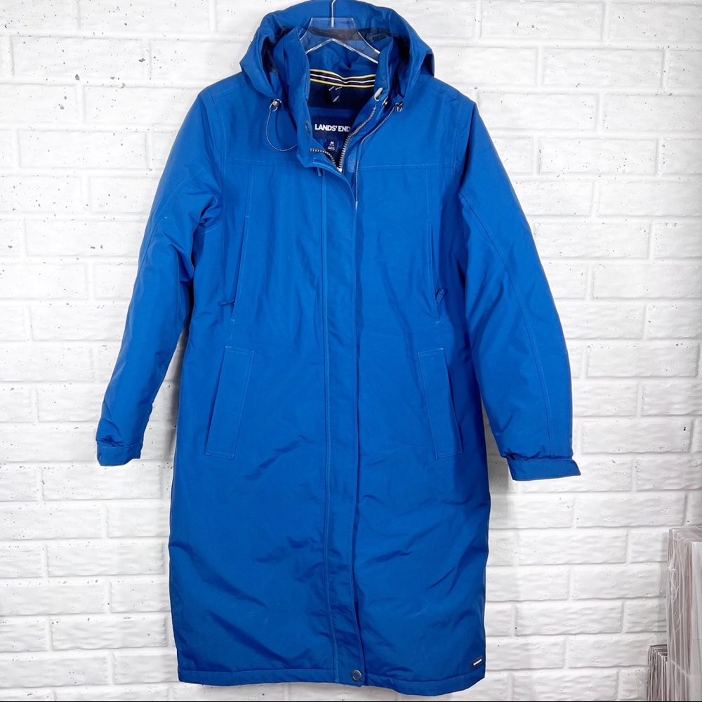 LAND’S END long Hooded Puffer Coat | Dark Jeweled Teal Blue